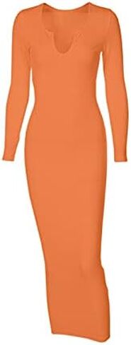 Mulisky Women's Sexy Bodycon Maxi Dress Deep V Neck Long Sleeve Ribbed Midi Party Club Dress in Kuwait