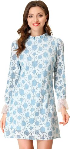 Allegra K Women's Valentine's Day Cocktail Elegant Ruffle Crew Neck Floral Lace Shift Dress in Saudi Arabia