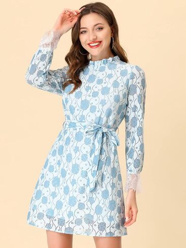Allegra K Women's Valentine's Day Cocktail Elegant Ruffle Crew Neck Floral Lace Shift Dress in Saudi Arabia