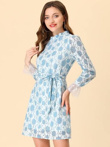 Allegra K Women's Valentine's Day Cocktail Elegant Ruffle Crew Neck Floral Lace Shift Dress in Saudi Arabia