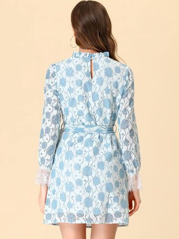 Allegra K Women's Valentine's Day Cocktail Elegant Ruffle Crew Neck Floral Lace Shift Dress in Saudi Arabia