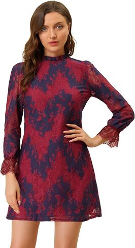 Allegra K Women's Valentine's Day Cocktail Elegant Ruffle Crew Neck Floral Lace Shift Dress in Saudi Arabia