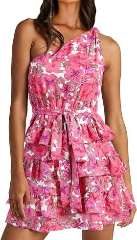 BTFBM 2024 Women One Shoulder Casual Summer Dresses Floral Boho High Waist Beach Ruffle Tiered A Line Flowy Mini Dress in Saudi Arabia