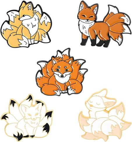 AFSJEEP 5 Pieces Cartoon Animal Brooches Nine Tailed Fox Enamel Brooch Alloy Metal Pins Cute Fluffy Red Fox Pet Enamel pin, Alloy Steel, no gemstone in Kuwait