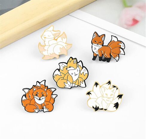 AFSJEEP 5 Pieces Cartoon Animal Brooches Nine Tailed Fox Enamel Brooch Alloy Metal Pins Cute Fluffy Red Fox Pet Enamel pin, Alloy Steel, no gemstone in Kuwait