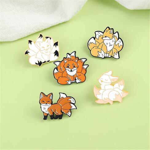 AFSJEEP 5 Pieces Cartoon Animal Brooches Nine Tailed Fox Enamel Brooch Alloy Metal Pins Cute Fluffy Red Fox Pet Enamel pin, Alloy Steel, no gemstone in Kuwait