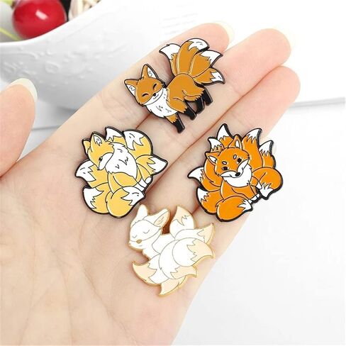 AFSJEEP 5 Pieces Cartoon Animal Brooches Nine Tailed Fox Enamel Brooch Alloy Metal Pins Cute Fluffy Red Fox Pet Enamel pin, Alloy Steel, no gemstone in Kuwait