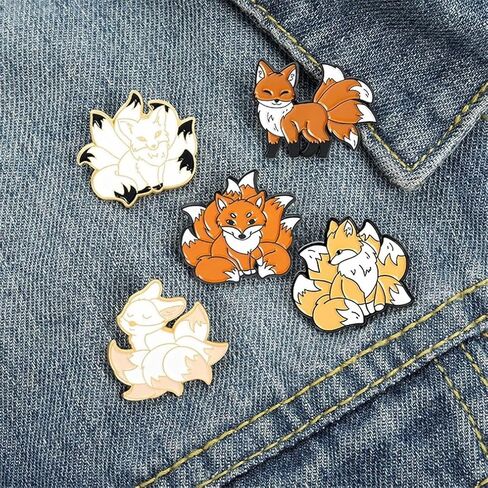 AFSJEEP 5 Pieces Cartoon Animal Brooches Nine Tailed Fox Enamel Brooch Alloy Metal Pins Cute Fluffy Red Fox Pet Enamel pin, Alloy Steel, no gemstone in Kuwait
