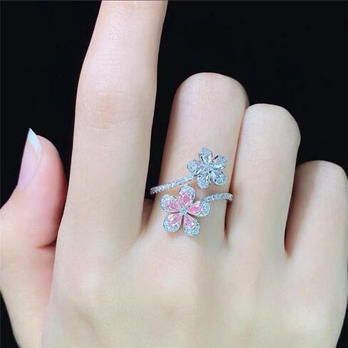 Cherry Blossom Statement Ring for Women Girls Sparkling Crystal CZ Pink Sakura Floral Open Wrap Finger Band Adjustable Engagement Promise Rings Wedding Rings Anniversary Jewelry Gifts in Saudi Arabia