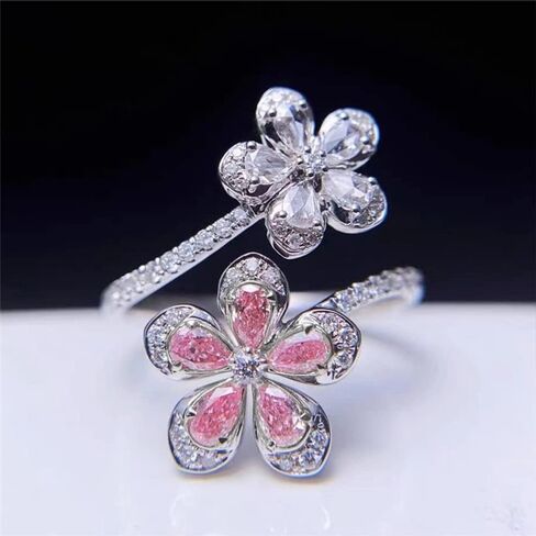 Cherry Blossom Statement Ring for Women Girls Sparkling Crystal CZ Pink Sakura Floral Open Wrap Finger Band Adjustable Engagement Promise Rings Wedding Rings Anniversary Jewelry Gifts in Saudi Arabia