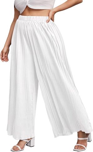 WDIRARA Women's Plus Size Pleated Elastic Waist Wide Leg Casual Long Pants in Saudi Arabia