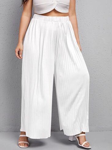 WDIRARA Women's Plus Size Pleated Elastic Waist Wide Leg Casual Long Pants in Saudi Arabia