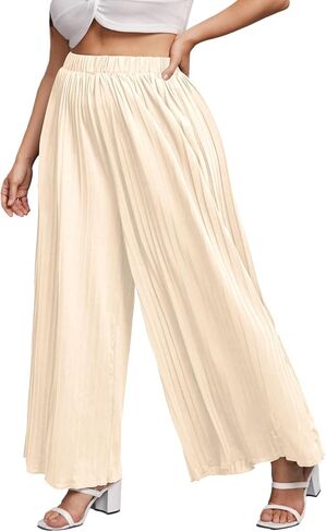 WDIRARA Women's Plus Size Pleated Elastic Waist Wide Leg Casual Long Pants in Saudi Arabia