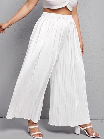 WDIRARA Women's Plus Size Pleated Elastic Waist Wide Leg Casual Long Pants in Saudi Arabia