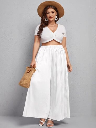 WDIRARA Women's Plus Size Pleated Elastic Waist Wide Leg Casual Long Pants in Saudi Arabia
