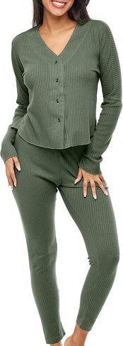 Alexander Del Rossa Women's Soft Ribbed Waffle Rib Knit Pajamas Lounge Set, Long Sleeve V-neck Top and Leggings PJ Pants in Saudi Arabia