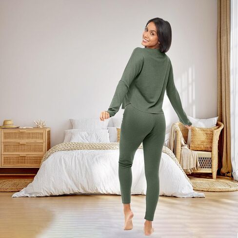 Alexander Del Rossa Women's Soft Ribbed Waffle Rib Knit Pajamas Lounge Set, Long Sleeve V-neck Top and Leggings PJ Pants in Saudi Arabia