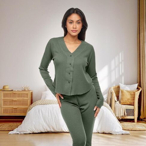 Alexander Del Rossa Women's Soft Ribbed Waffle Rib Knit Pajamas Lounge Set, Long Sleeve V-neck Top and Leggings PJ Pants in Saudi Arabia