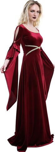 Daizbella القرون الوسطى زي المرأة القرون الوسطى فستان اليدوية الرجعية المخملية مع زينة الدانتيل وأكمام مطوي in Kuwait