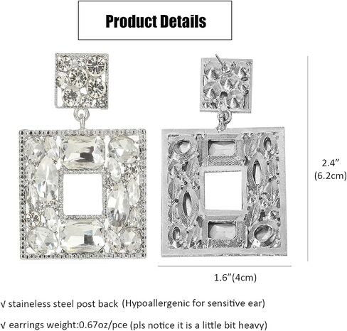 ATIMIGO Rhinestone Square Dangle Earrings Trendy Crystal Geometric Drop Statement Earrings hypoallergenic for Women in Kuwait