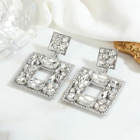 ATIMIGO Rhinestone Square Dangle Earrings Trendy Crystal Geometric Drop Statement Earrings hypoallergenic for Women in Kuwait