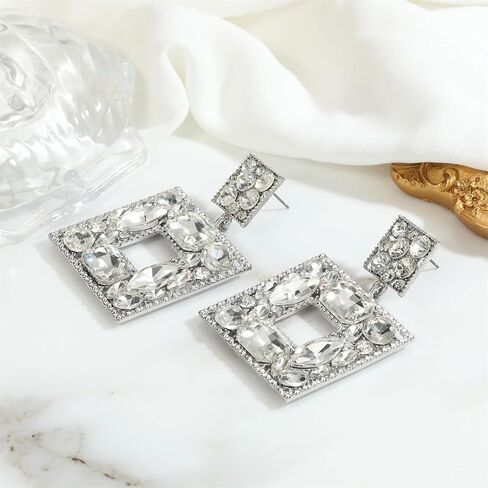 ATIMIGO Rhinestone Square Dangle Earrings Trendy Crystal Geometric Drop Statement Earrings hypoallergenic for Women in Kuwait