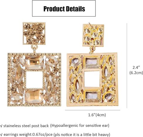 أقراط متدلية مربعة من حجر الراين من ATIMIGO أقراط متدلية هندسية كريستالية عصرية لا تسبب الحساسية للنساء in Kuwait