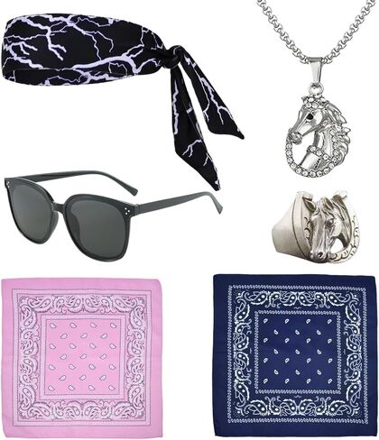 مجموعة أزياء رجالية من SHDIEHJFMLDH مكونة من 6 قطع من عصابة الرأس البرق، مع قلادة حصان ونظارات شمسية سوداء لحفلات الأفلام التنكرية للرجال in Kuwait