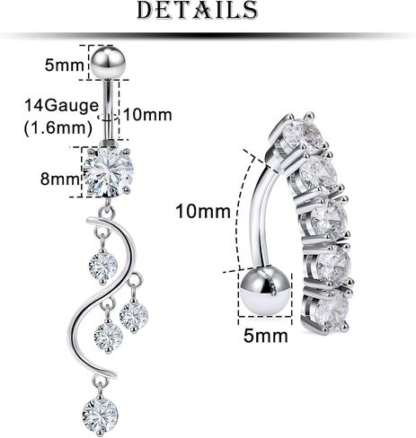 Kridzisw 7 قطعة حلقات زر البطن للنساء 14 جرام الفولاذ المقاوم للصدأ الفتيات السرة حلقات البطن كريستال تشيكوسلوفاكيا الحديد ثقب الجسم 10 مللي متر بار in Kuwait