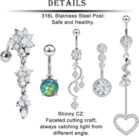 Kridzisw 7 قطعة حلقات زر البطن للنساء 14 جرام الفولاذ المقاوم للصدأ الفتيات السرة حلقات البطن كريستال تشيكوسلوفاكيا الحديد ثقب الجسم 10 مللي متر بار in Kuwait