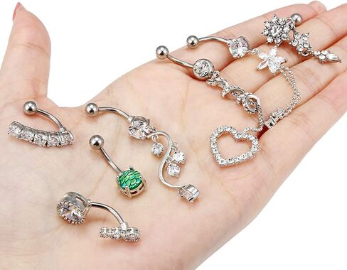 Kridzisw 7 قطعة حلقات زر البطن للنساء 14 جرام الفولاذ المقاوم للصدأ الفتيات السرة حلقات البطن كريستال تشيكوسلوفاكيا الحديد ثقب الجسم 10 مللي متر بار in Kuwait