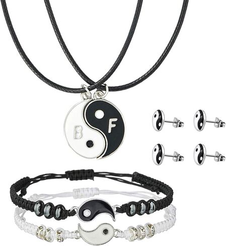 قلادات يين يانغ لشخصين من افضل اصدقاء مع اساور حبل متطابقة قابلة للتعديل واقراط مرصعة للاصدقاء المقربين والاصدقاء وعيد الحب والصديقة (4 ازواج)، معدن، غير معروف in Kuwait