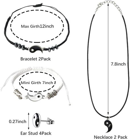 قلادات يين يانغ لشخصين من افضل اصدقاء مع اساور حبل متطابقة قابلة للتعديل واقراط مرصعة للاصدقاء المقربين والاصدقاء وعيد الحب والصديقة (4 ازواج)، معدن، غير معروف in Kuwait