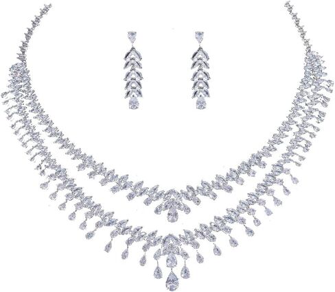 Jorsnovs الفضة الدمعة الطبقات قلادة للنساء مجوهرات الزفاف مجموعة بيان حفلة موسيقية عيد ميلاد أقراط ومجموعة قلادة in Kuwait