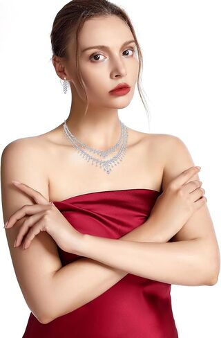 Jorsnovs الفضة الدمعة الطبقات قلادة للنساء مجوهرات الزفاف مجموعة بيان حفلة موسيقية عيد ميلاد أقراط ومجموعة قلادة in Kuwait