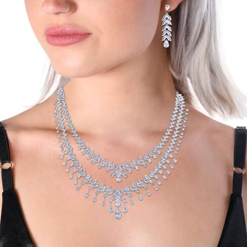 Jorsnovs الفضة الدمعة الطبقات قلادة للنساء مجوهرات الزفاف مجموعة بيان حفلة موسيقية عيد ميلاد أقراط ومجموعة قلادة in Kuwait