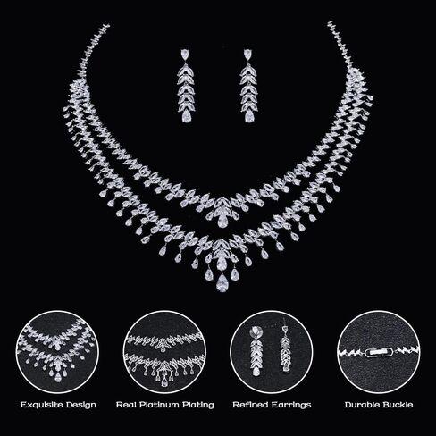 Jorsnovs الفضة الدمعة الطبقات قلادة للنساء مجوهرات الزفاف مجموعة بيان حفلة موسيقية عيد ميلاد أقراط ومجموعة قلادة in Kuwait