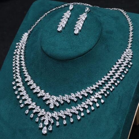 Jorsnovs الفضة الدمعة الطبقات قلادة للنساء مجوهرات الزفاف مجموعة بيان حفلة موسيقية عيد ميلاد أقراط ومجموعة قلادة in Kuwait