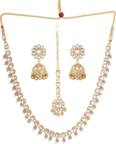 Jwellmart Gold Polish Faux Kundan Bridal Wedding Choker Necklace Earrings Tika Combo Set Bollywood Party Traditional Fashion Indian Jewelry Jewellery Set for Women in Kuwait