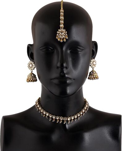 Jwellmart Gold Polish Faux Kundan Bridal Wedding Choker Necklace Earrings Tika Combo Set Bollywood Party Traditional Fashion Indian Jewelry Jewellery Set for Women in Kuwait