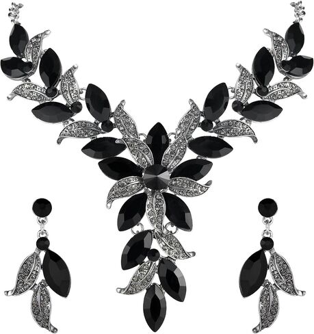 BriLove Women's Wedding Bridal Crystal Marquise-Shape Leaf Flower Enamel Statement Necklace Dangle Earrings Set in Saudi Arabia