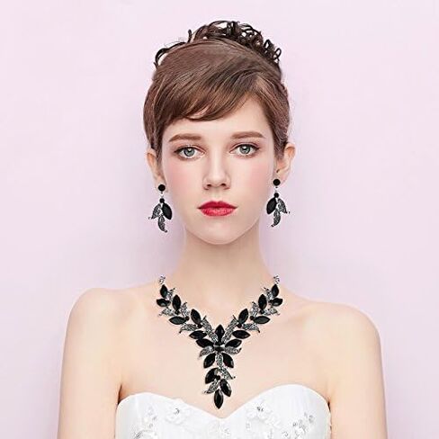 BriLove Women's Wedding Bridal Crystal Marquise-Shape Leaf Flower Enamel Statement Necklace Dangle Earrings Set in Saudi Arabia