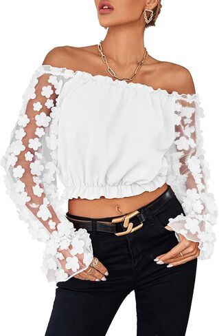 LYANER Women's Off Shoulder Floral Mesh Long Sleeve Ruffle Trim Crop Blouse Top in Saudi Arabia