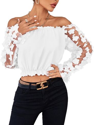 LYANER Women's Off Shoulder Floral Mesh Long Sleeve Ruffle Trim Crop Blouse Top in Saudi Arabia