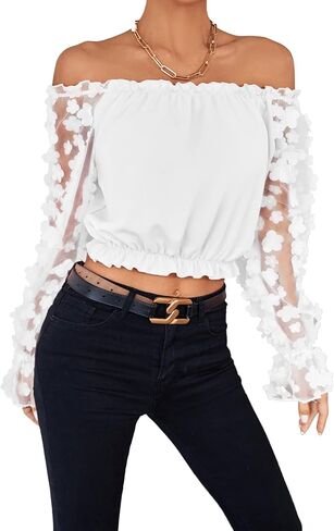 LYANER Women's Off Shoulder Floral Mesh Long Sleeve Ruffle Trim Crop Blouse Top in Saudi Arabia