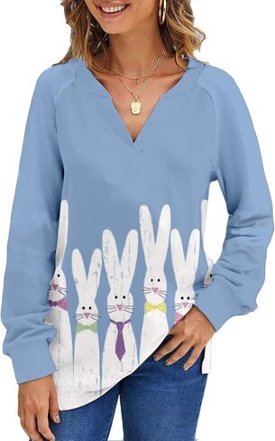 Valentine's Day Women's Loose V-Neck Cute Love Long Sleeve Heart Shirts in Saudi Arabia
