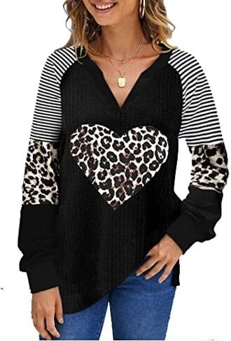 Valentine's Day Women's Loose V-Neck Cute Love Long Sleeve Heart Shirts in Saudi Arabia