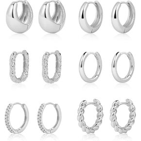 ASCOMY 6 Pairs Gold Hoop Earrings Set for Women Gold Twisted Huggie Hoops Earrings 14K Gold/Silver/White Gold Plated Lightweight Hypoallergenic Chunky Open Hoop Earrings Set Jewelry Gifts for Women