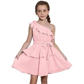 CHILDRENSTAR Girls One Shoulder Chiffon Dress Smocked Ruffles Sleeveless Flowy Party Dresses for Kids 4-13Y