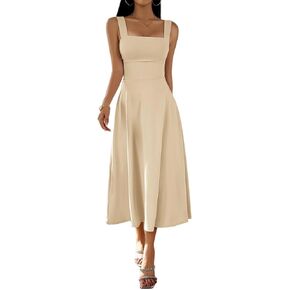 فستان Aossfre نسائي برقبة مربعة بدون أكمام وخصر عالٍ أنيق على شكل حرف A طويل in Kuwait